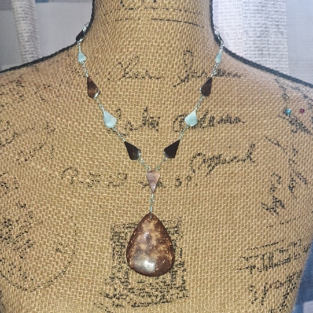 Beautiful Larimar Stone And Coconut Disk Teardrop Necklace